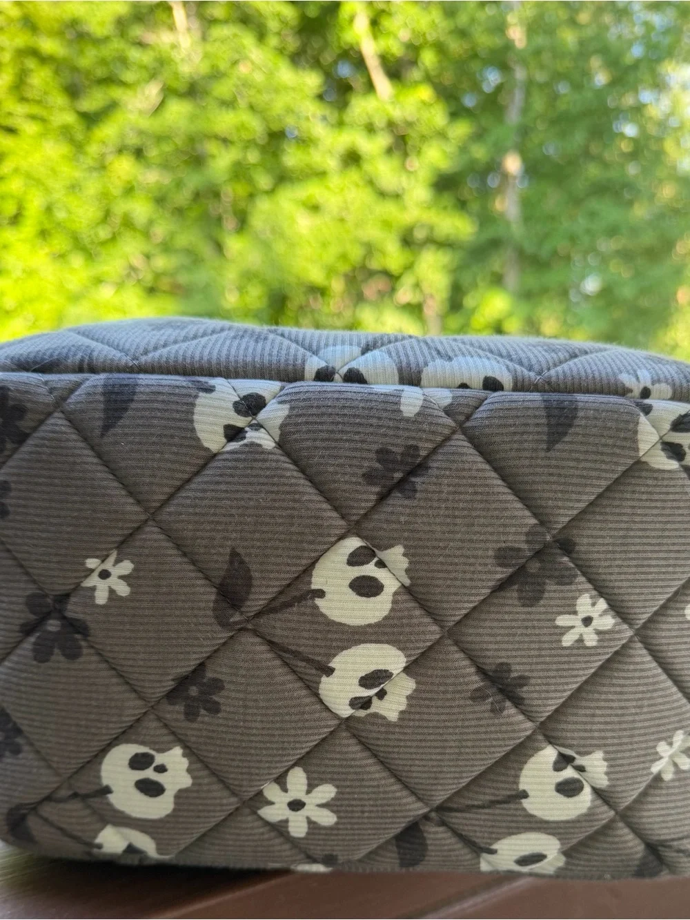 Quilted Gray Floral & Skull Cosmetic Pouch